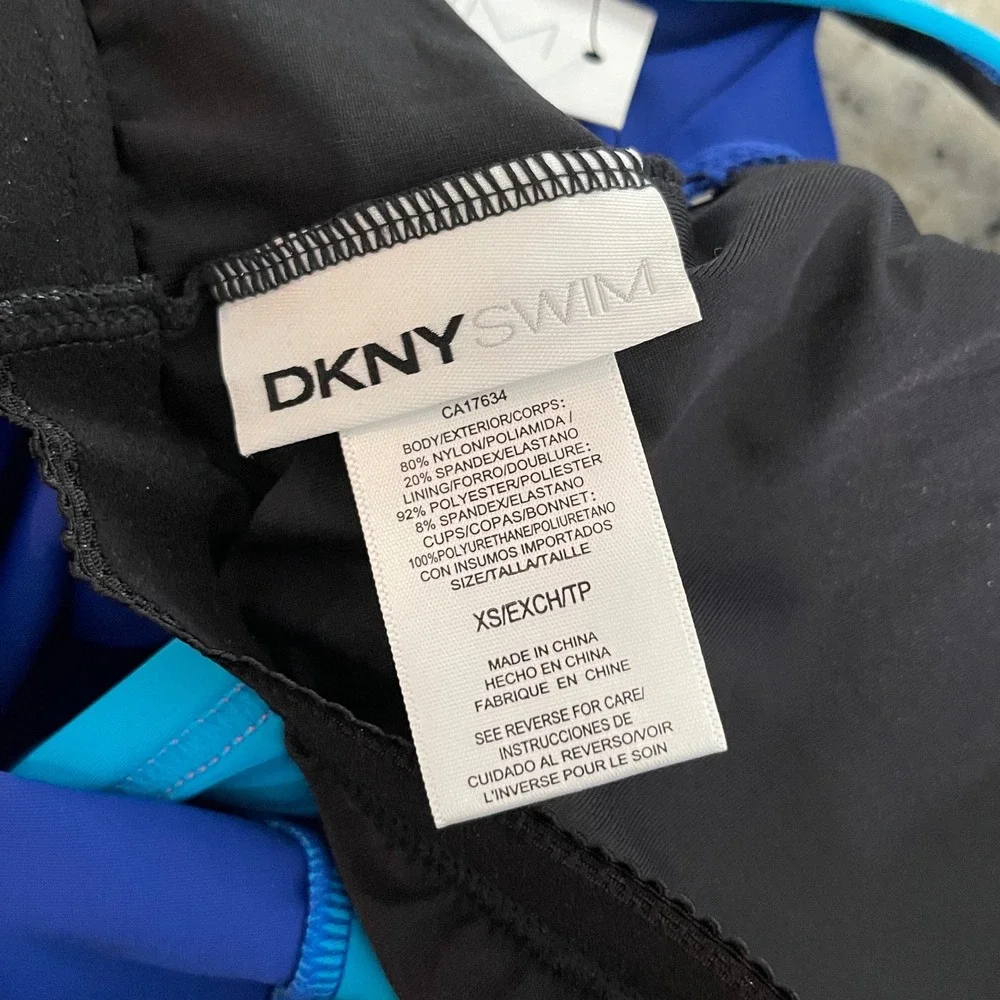 DKNY Racerback Tankini Women XS Blue Pink Striped Colorblock Sporty Swim Top NEW